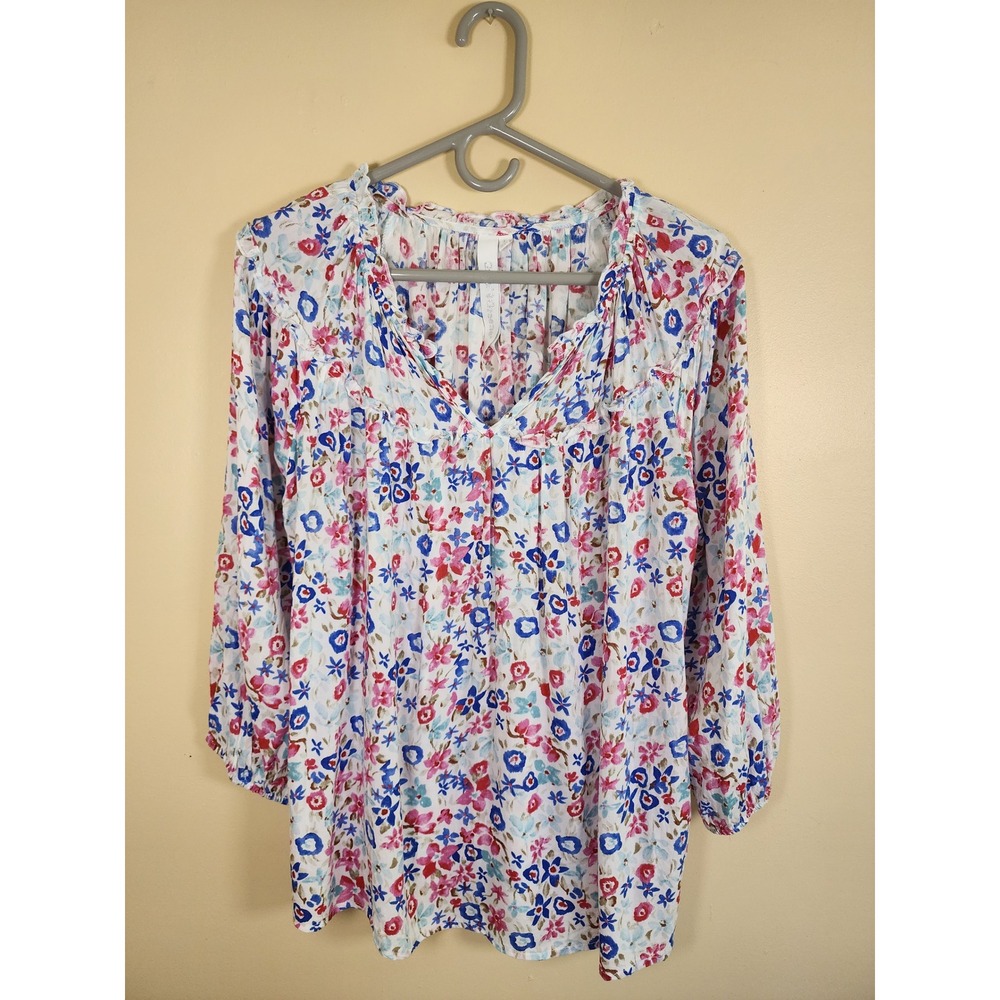 Grand & Greene Floral Peasant Blouse Boho Cottagecore Ruffle Neck Top Sz Large
